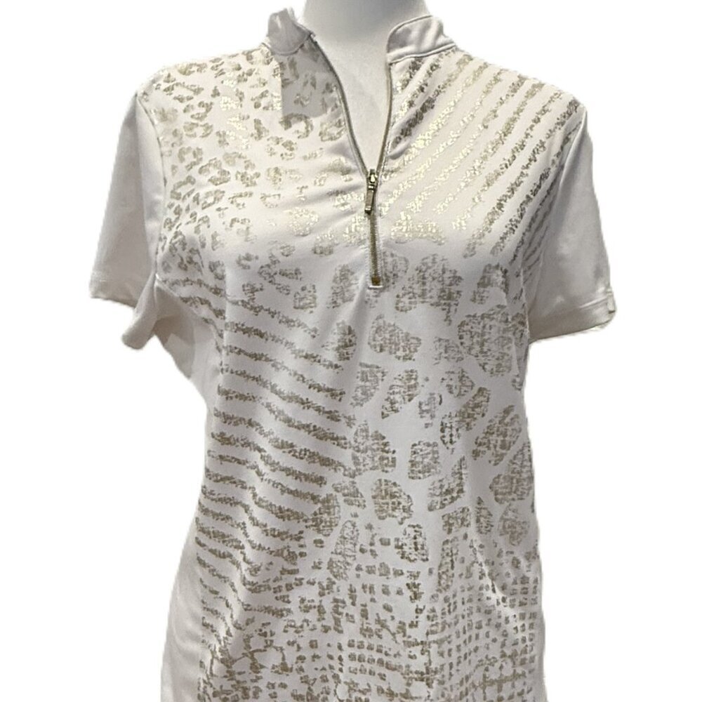 Chico’s Zenergy White and Gold Patterned Zip-Up Golf Top. Chico’s size 0, Small